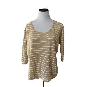 J Jill Womens Linen Blend Striped Sweater Size M Tan Striped Button Accent Beach